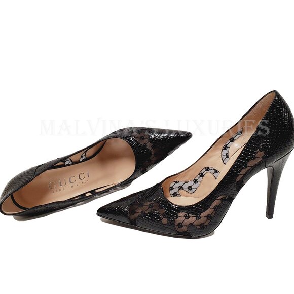 GUCCI SHOES BLACK PYTHON PRINT LEATHER w GG LOGO MESH PUMPS $940 - Picture 7 of 15